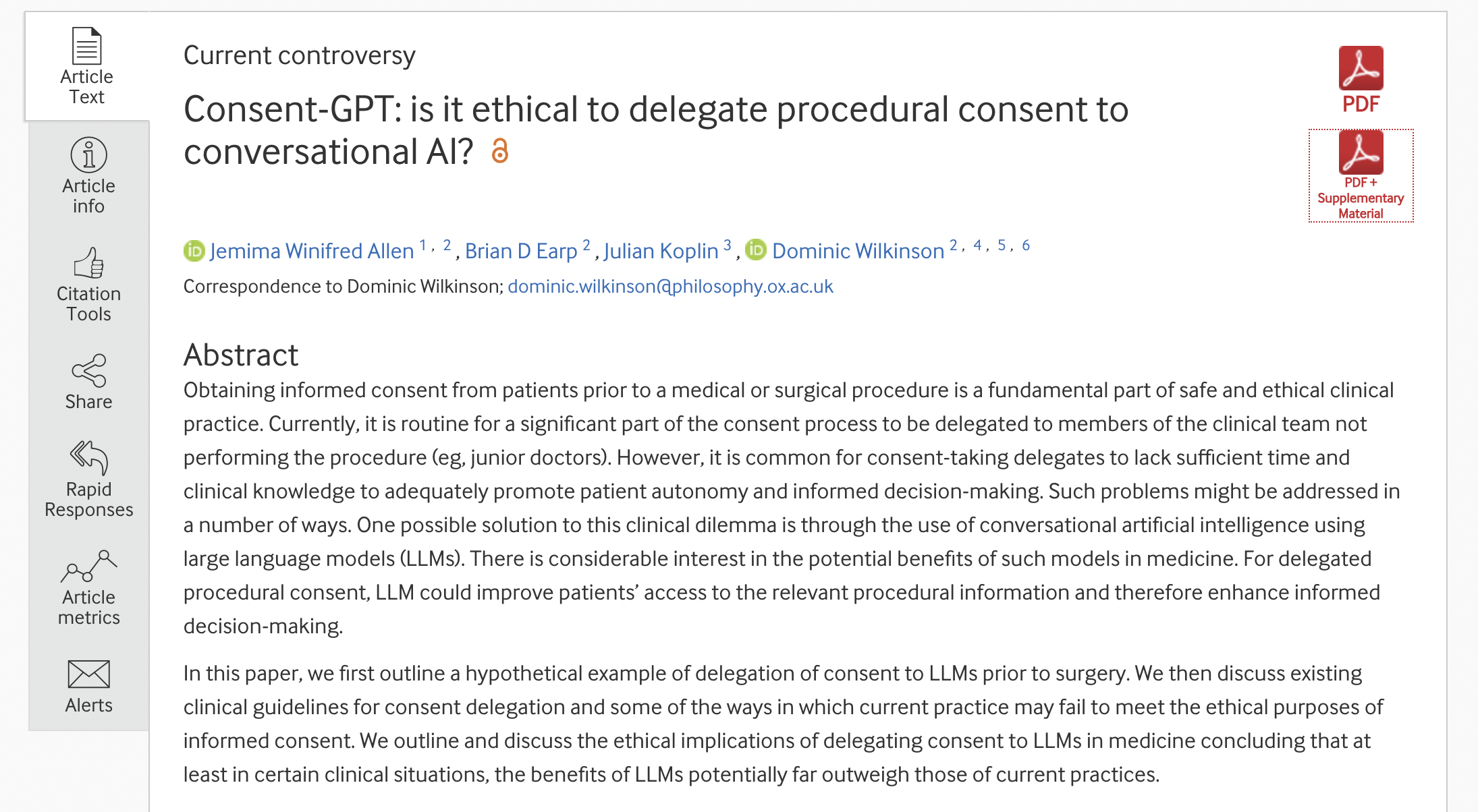 Article: Consent-GPT: is it ethical to delegate procedural consent to conversational AI?
